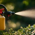 Close-up of a handheld pesticide sprayer being used on a home garden to prevent insect infestations. High-resolution, detailed textures, crisp focus Close-up of a handheld pesticide sprayer being used on a home garden to prevent insect infestations. High-resolution, detailed textures, crisp focus