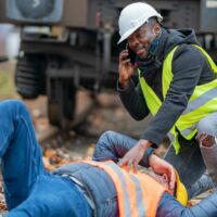 Railroad engineer injured in an accident at work on the railway tracks. Calling for help