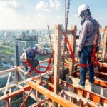 Construction worker wear standard personal protective equipment dismantle steel structure at height rise building project