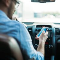 transportation concept - man using phone while driving the car