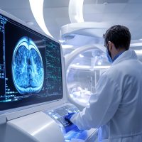 Doctor examining a brain scan in a modern medical facility.