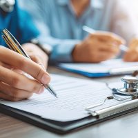 A physician is using a pen to write on a clipboard, documenting important patient details in a medical environment.