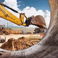 View through a concrete pipe of a construction site with a yellow excavator, bulldozer, dirt pile, and tools under a blue sky with clouds. Active worksite. View through a concrete pipe of a construction site with a yellow excavator, bulldozer, dirt pile, and tools under a blue sky with clouds. Active worksite.