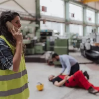 Woman is calling ambulance for her colleague after accident in factory. First aid support on workplace concept.