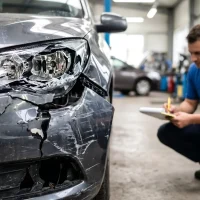 Claims adjuster documenting severe damage on dark grey car bumper in repair garage, concept for insurance claims handling, auto repair quotes and collision documentation