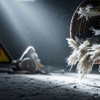 Dangerous asbestos insulation fibers protruding from a rusty pipe with airborne dust safety respirator and warning sign depicting toxic asbestos exposure and removal Dangerous asbestos insulation fibers protruding from a rusty pipe with airborne dust safety respirator and warning sign depicting toxic asbestos exposure and removal