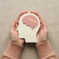 Mental health healing concept with paper brain and bandage held in hands. Psychology therapy, trauma recovery and emotional wellness support for psychiatric care.
