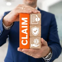 Man holding blocks with icons and text sees word CLAIM