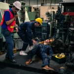 Asian man worker had accident unconscious on the floor at metal lathe factory. Male engineer supervisor talking on walkie talkie for help. Safety in Factory industrial and business insurance concept.