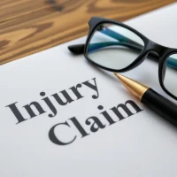 A document titled 'Injury Claim' lies on a wooden table, with a pair of black-framed eyeglasses and a black fountain pen with a gold nib resting on top of it.